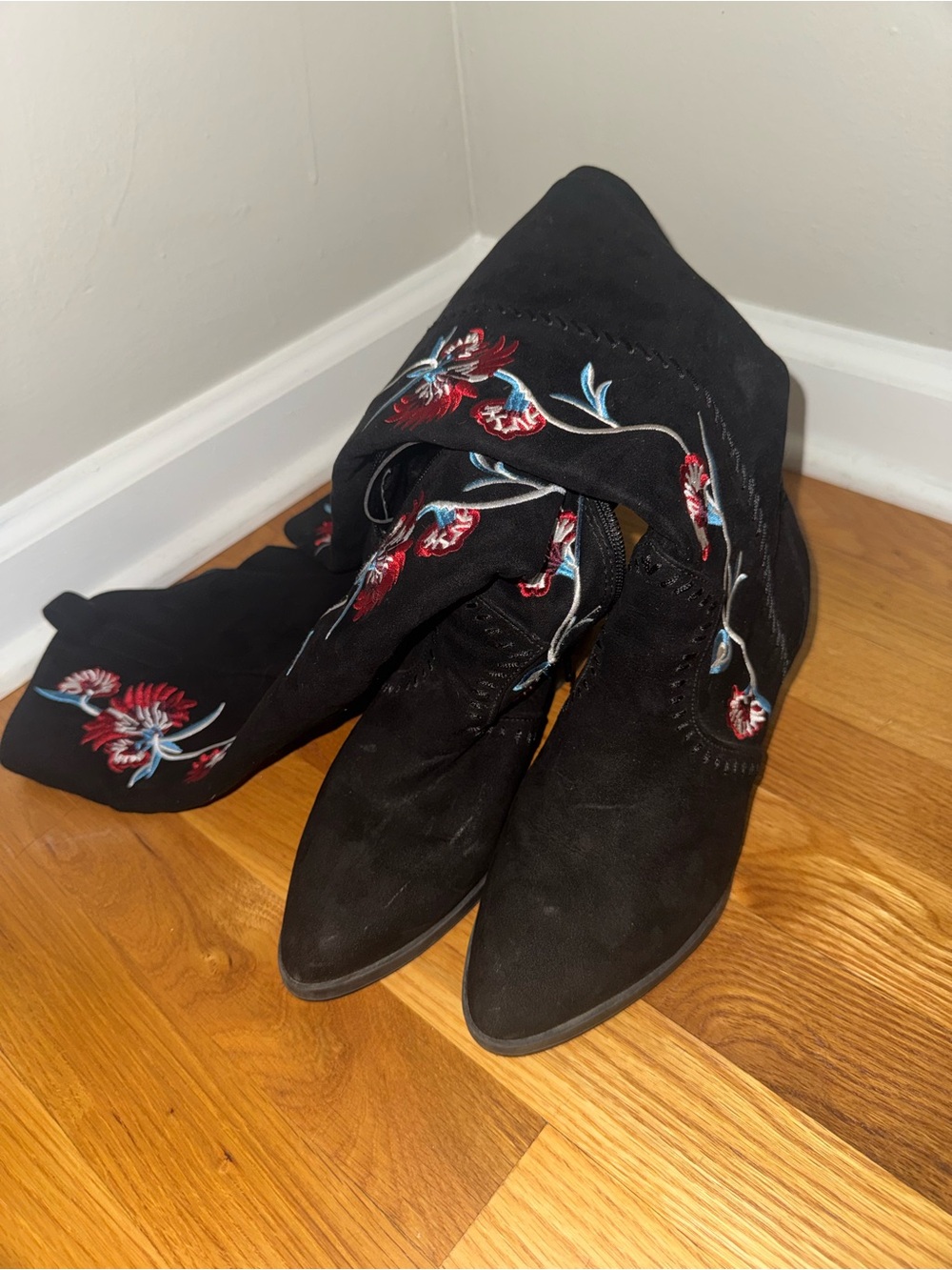 Black Embroidered Leather Cowboy Boots Knee High Western Floral Women’s 7